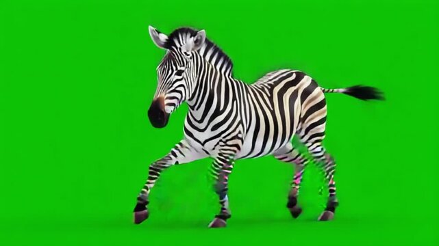 Animated zebra trotting across a vibrant green screen background in a cartoon style rendering green screen animal video