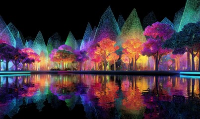 Naklejka premium Colorful Night Scene with Vibrant Trees and Reflections on Water