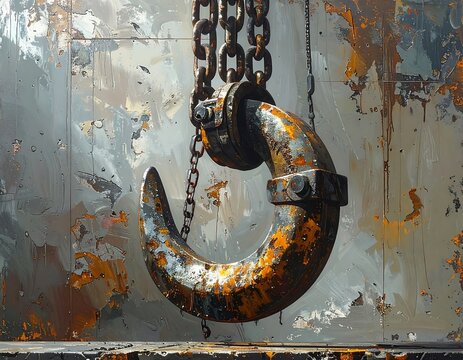Close-up of a rusted hook hanging from chains on a metal surface