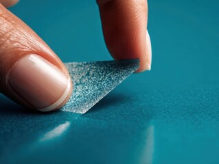 Glittering Metallic Transfer Foil Adhesive Sheet Application Demonstration Closeup with Finger Pressing Down on Triangular Metallic Foil Surface with Light Reflecting Detail on Teal Background