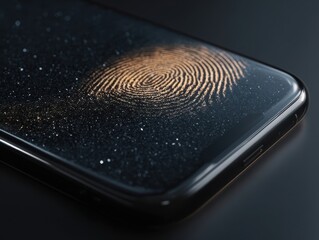 Smartphone Screen Fingerprint Scan Futuristic Mobile Security Fingerprint ID Unlock Golden Fingerprint Detail Technology Authentication High Tech Security System