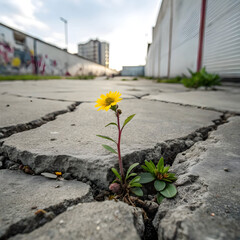 A delicate flower growing through cracks in concrete, symbolizing resilience