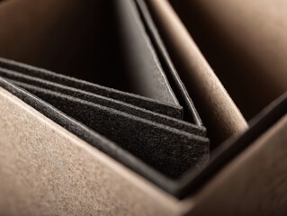Close-Up Display of Organized Triangle-Shaped Dark Gray Pieces in Light Brown Textured Holder with Angular Arrangement Displayed for Product Photography in Studio Setting