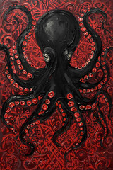 Black octopus against a background of Celtic patterns.
