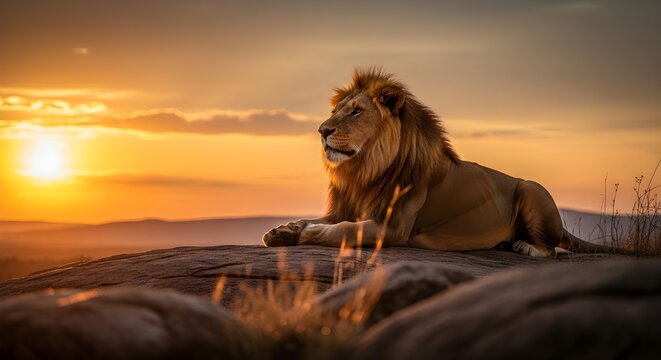 A stunning image of a single majestic lion resting on a rocky outcrop during a warm, glowing sunset. This prompt captures strength and serenity in nature, perfect for wildlife and landscape art.