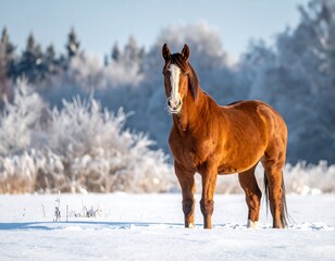 A majestic brown horse stands in a snowy field, looking directly at the viewer. Frosted trees line the background under a blue sky
