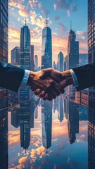 Businessmen Handshake Over Cityscape Reflection