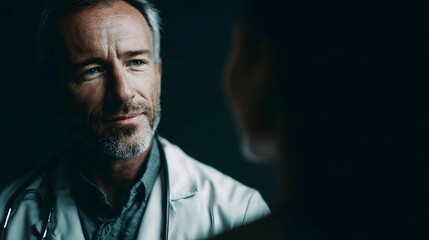 Obraz premium An experienced doctor wearing a lab coat and stethoscope converses with a patient in a dimly lit consultation room