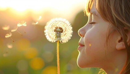 Child Blowing Dandelion Seeds at Sunset