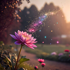 A magical flower raining colorful sparkles, symbolizing joy, creativity.