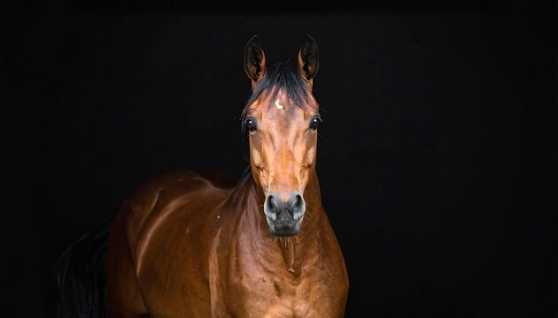 A majestic brown horse with a dark mane and forelock poses against a stark black background. The horse gazes straight forward