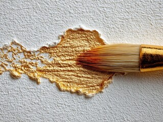 Painting Golden Texture on White Canvas: Close-Up of Brushstroke, Abstract Art Creation, Rich Metallic Paint, Fine Art and Design, Brushstroke Detail, Creative Expression