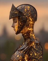 Futuristic Sculpture of a Woman with Illuminated Patterns at Sunset