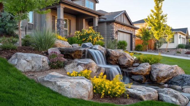 Exterior home view with waterfall landscaping and green lawn in daylight