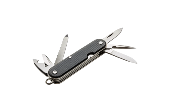 Multi-tool pocket knife with textured grip showing multiple blades and tools extended outward, isolated on a transparent background