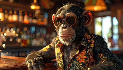 Chimpanzee in Sunglasses and Hawaiian Shirt at a Bar