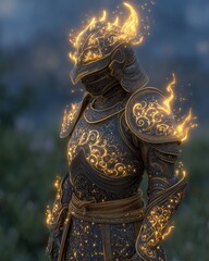 Glowing Fantasy Knight in Ornate Armor with Fiery Details