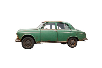 Obraz premium Seafoam green aged vintage car, corroded lower panels, four-door classic sedan, rusty weathering, isolated on a transparent background