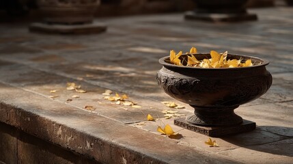 Decorative Dark Ceramic Bowl With Yellow Petals On A Rustic Stone