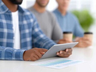 African American man in blue plaid shirt using tablet while seated at table with colleagues, showcasing teamwork and collaboration in a modern workspace environment