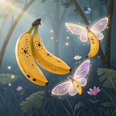 Whimsical flying bananas with fairy wings, blending humor, fantasy,