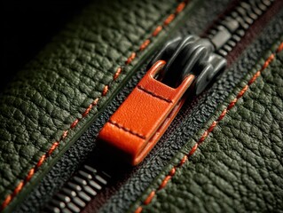 Close-Up of Zipper on Textured Leather Surface: Detailed Macro of Orange Slider, Dark Metal Teeth, and Green Leather Background Texture