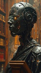 Close-up of a Dark Metallic Robot in a Library Setting