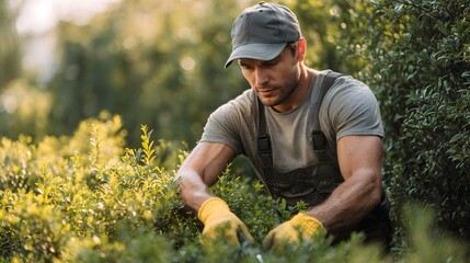A focused male gardener in yellow gloves trims green bushes under warm afternoon sunlight