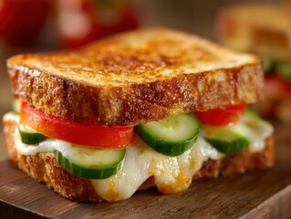 Gourmet Grilled Cheese Sandwich Tomato Cucumber Sandwich Melty Cheese on Sourdough Artisan Bread Vegetarian Lunch Food Photography Food Presentation