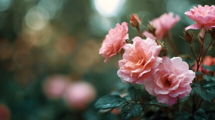 Obraz premium Delicate pink roses with water droplets bloom in a soft garden bokeh