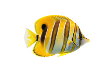 Yellow butterflyfish with white stripes and black accents showing distinctive banded pattern and compressed oval body shape, isolated on a transparent background