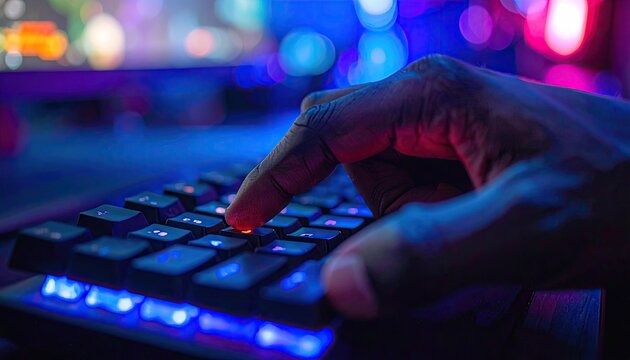Closeup Hand Typing on Illuminated Keyboard