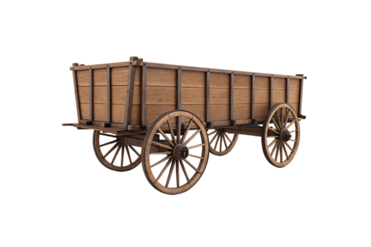 Large wooden wagon with four spoke wheels extended handles and tall slatted sides showing aged wood construction, isolated on a transparent background