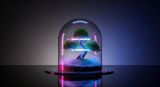Cinematic terrarium shot with ethereal neon and dramatic reflections