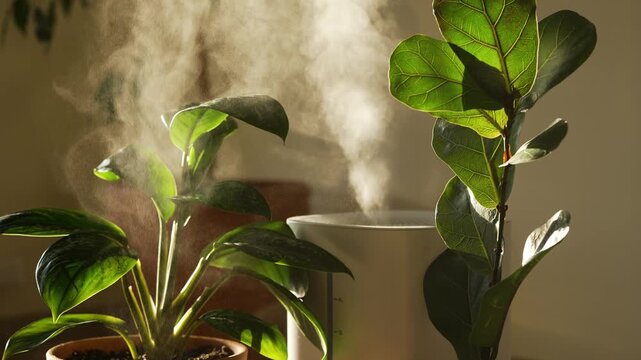 Lush green houseplants, such as a ficus lyrata, benefitting from a sleek ultrasonic humidifier emitting a refreshing mist to ensure ideal humidity levels for the well-being of tropical plants