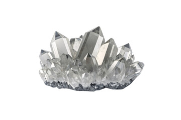 Clear quartz crystal cluster with pointed prismatic formations, displaying natural transparency and geometric facets, isolated on a transparent background