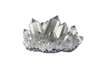 Clear quartz crystal cluster with pointed prismatic formations, displaying natural transparency and geometric facets, isolated on a transparent background