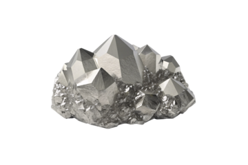Metallic crystal cluster formation with sharp angular facets, silvery gray mineral specimen with multiple geometric crystalline structures, isolated on a transparent background