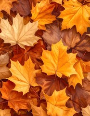 Fototapeta premium A rich and vibrant carpet of fallen maple leaves showing the warm, golden hues of the autumn season from a top-down perspective