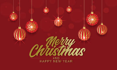 Merry Christmas and Happy New Year gold lettering with hanging Christmas ornament