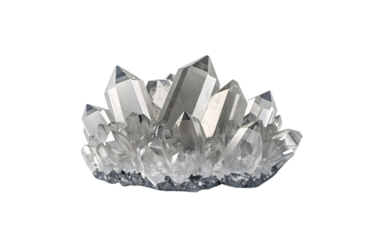 Clear quartz crystal cluster with pointed prismatic formations, displaying natural transparency and geometric facets, isolated on a transparent background