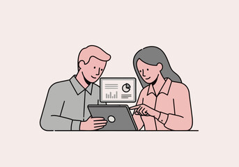 Two People Discussing Project with Tablet &ndash; Business Collaboration Vector