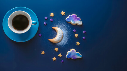 Celestial Flat Lay with Black Coffee, Crescent Cookie, Star Biscuits, and Illustrated Clouds on Deep Blue Background