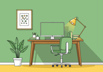 Modern Minimal Home Office Workspace with Desk and Computer &ndash; Vector Illustration