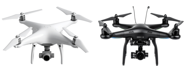 Modern Quadcopter Drone with Built-In Camera, Front View, Isolated on Transparent Background
