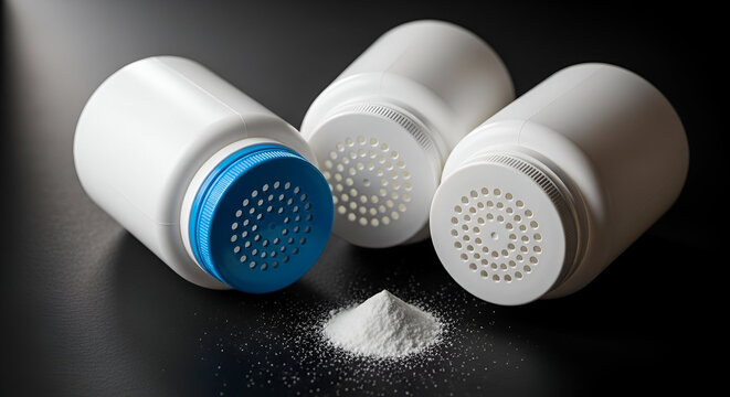 White Powder Dispenser Bottles with Blue Cap and Spill on Dark Background Ideal for Personal Care Food Seasoning or Health Supplements