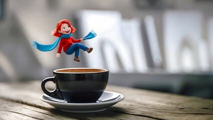 Cheerful Red-Haired Cartoon Character Jumping Over Coffee Cup on Wooden Table in Whimsical Indoor Scene