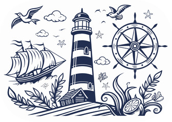 Nautical scene with lighthouse sailing ship compass and seagulls in navy blue maritime ocean