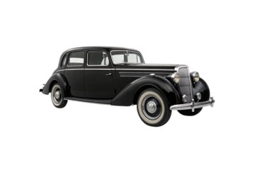 Elegant black antique car with whitewall tires and chrome grille from three-quarter front angle, isolated on a transparent background