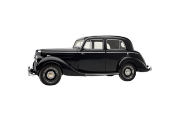 Classic vintage black sedan automobile with rounded fenders and chrome details from side view, isolated on a transparent background